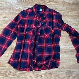 women’s Red & Navy Plaid Button-Up Shirt - Classic Casual